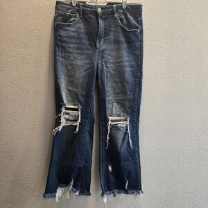 Distressed Dark Blue Risen Jeans 13/31 Stretch Raw Hem